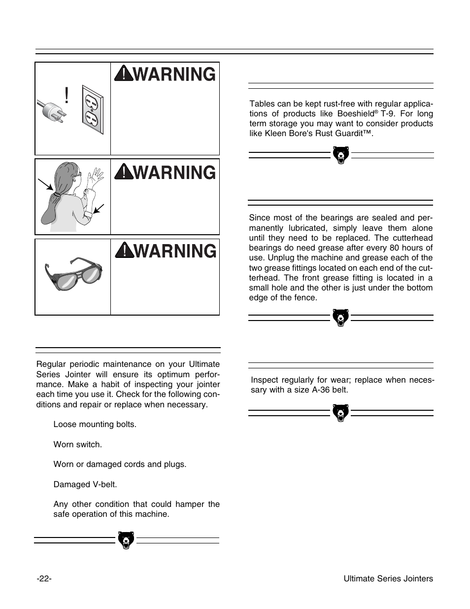 Lubrication v-belt general tables | Grizzly G9860ZX User Manual | Page 24 / 56