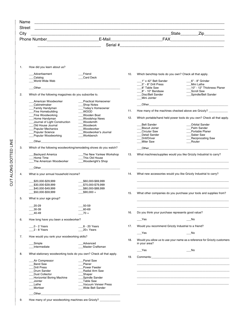 Warranty card, Cut along dotted line | Grizzly G9860ZX User Manual | Page 53 / 56