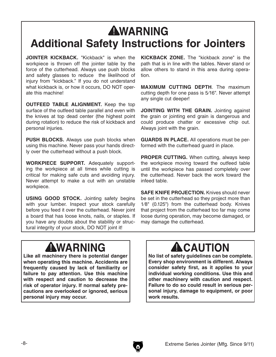 Additional safety instructions for jointers | Grizzly Extreme Series Jointer G9953ZXF User Manual | Page 10 / 76