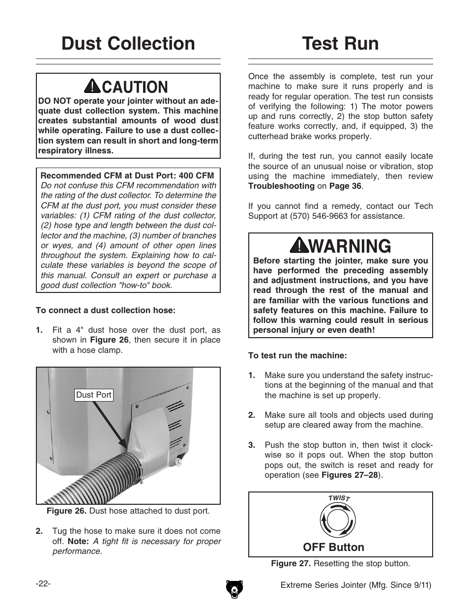 Dust collection, Test run, Off button | Grizzly Extreme Series Jointer G9953ZXF User Manual | Page 24 / 76