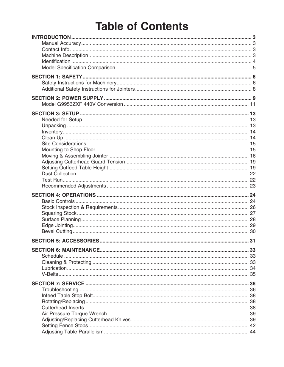 Grizzly Extreme Series Jointer G9953ZXF User Manual | Page 3 / 76