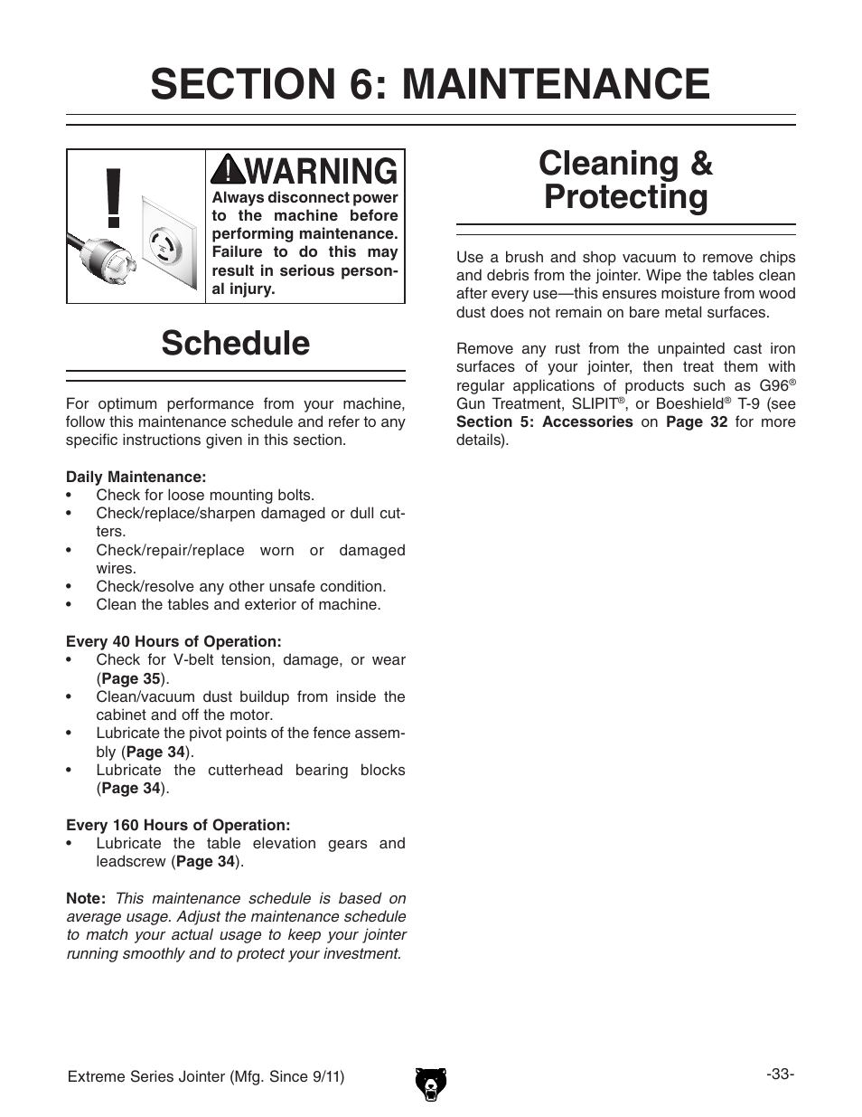 Schedule cleaning & protecting | Grizzly Extreme Series Jointer G9953ZXF User Manual | Page 35 / 76