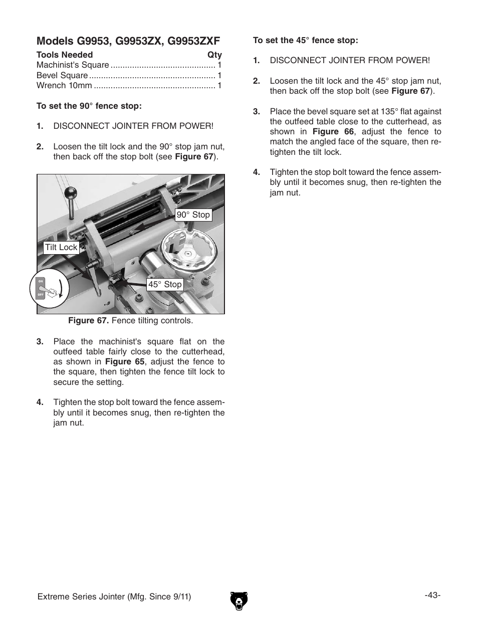 Grizzly Extreme Series Jointer G9953ZXF User Manual | Page 45 / 76