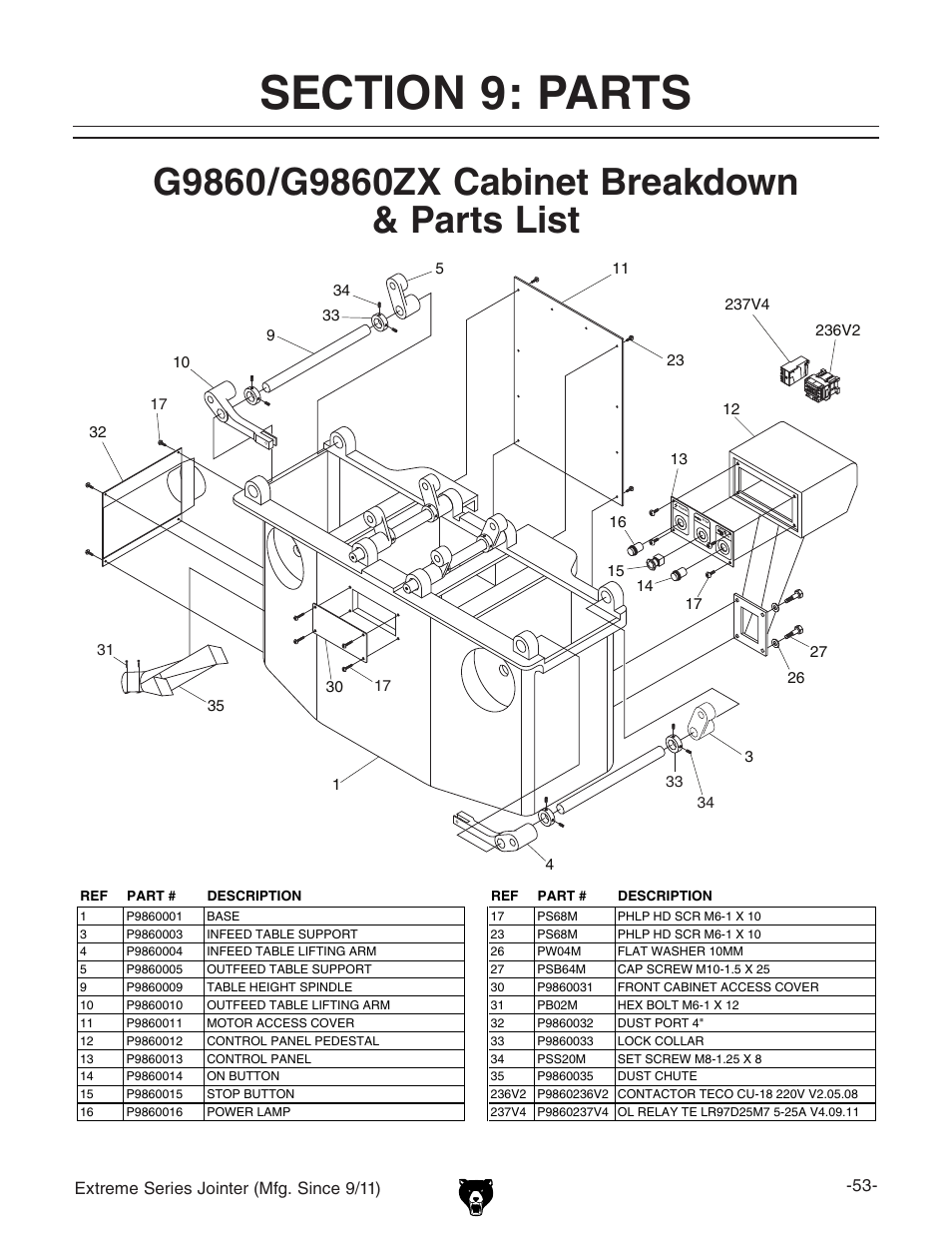 Grizzly Extreme Series Jointer G9953ZXF User Manual | Page 55 / 76