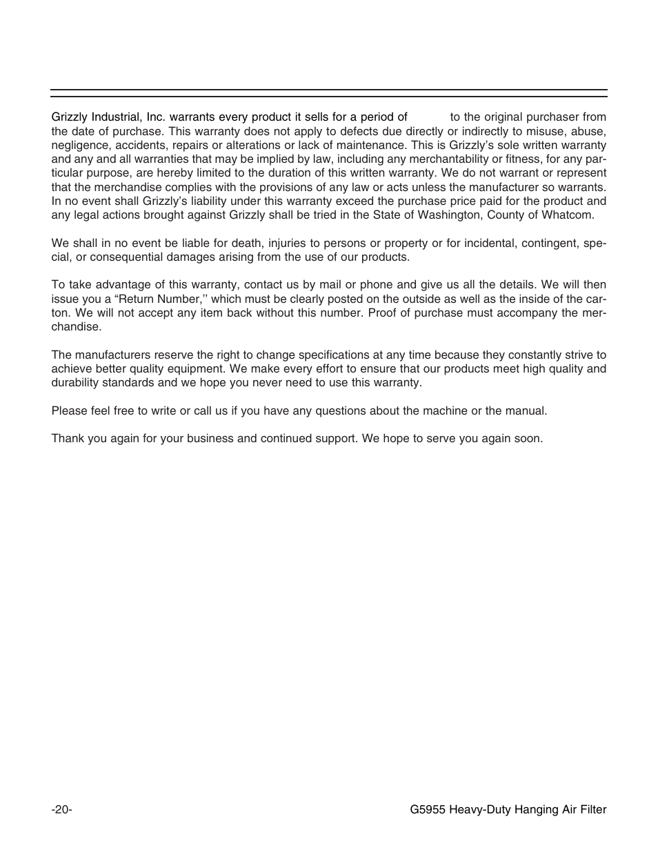 Warranty and returns | Grizzly G5955 User Manual | Page 22 / 24
