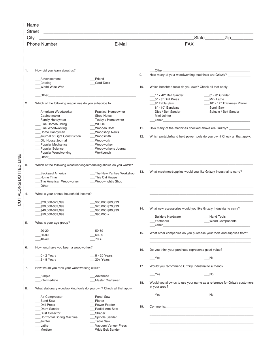 Warranty card, Cut along dotted line | Grizzly G5955 User Manual | Page 23 / 24