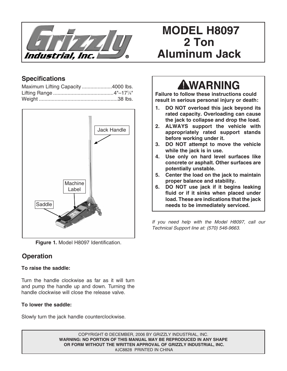 Grizzly 2 Ton Aluminum Jack H8097 User Manual | 4 pages