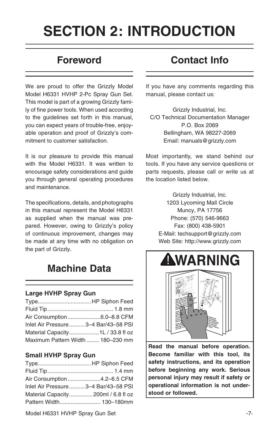 Foreword machine data, Contact info | Grizzly H6331 User Manual | Page 7 / 20