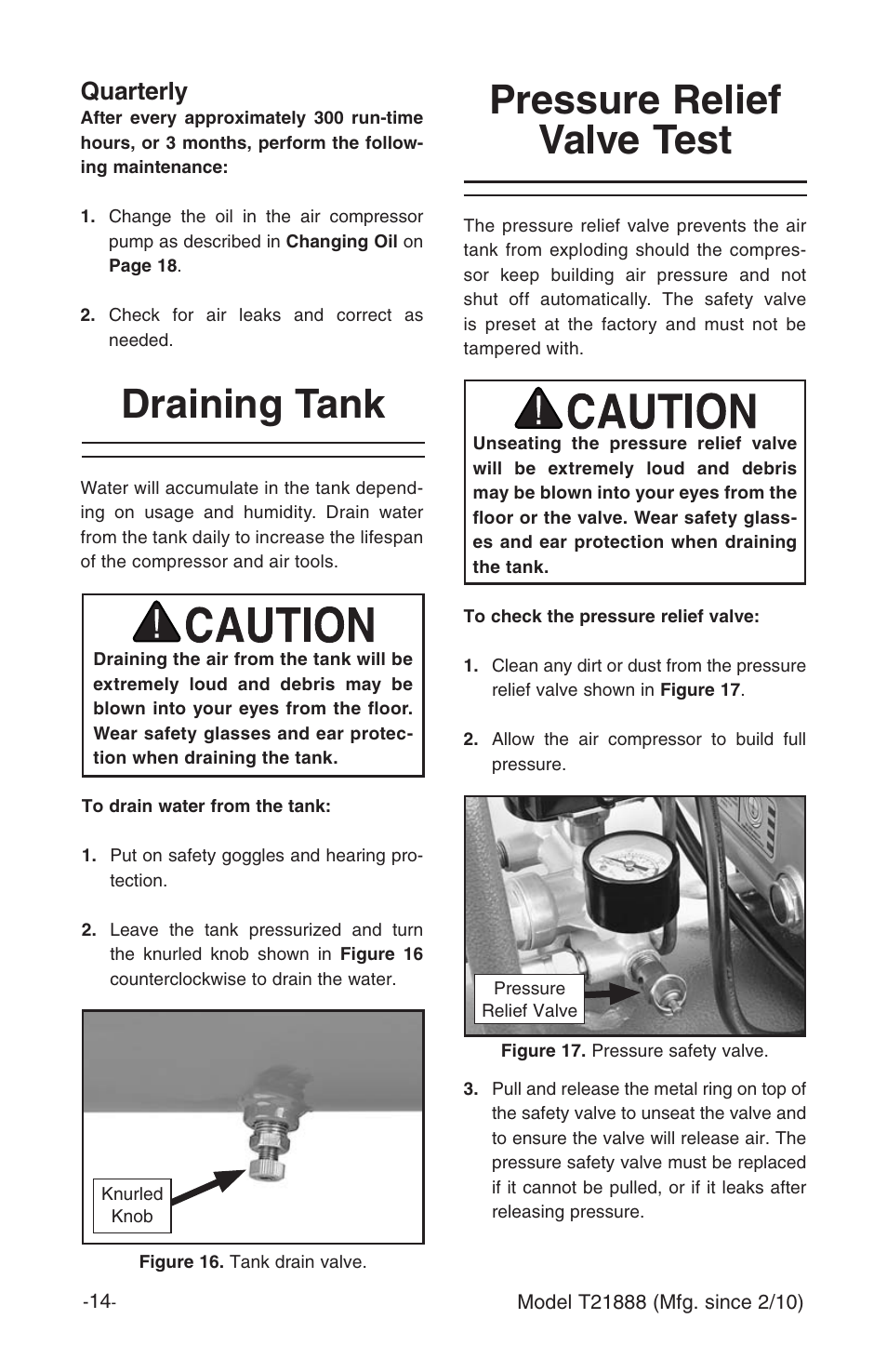 Pressure relief valve test, Draining tank, Quarterly | Grizzly T21888 User Manual | Page 16 / 28