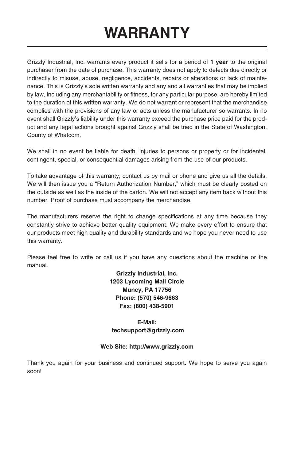 Warranty | Grizzly T21888 User Manual | Page 26 / 28