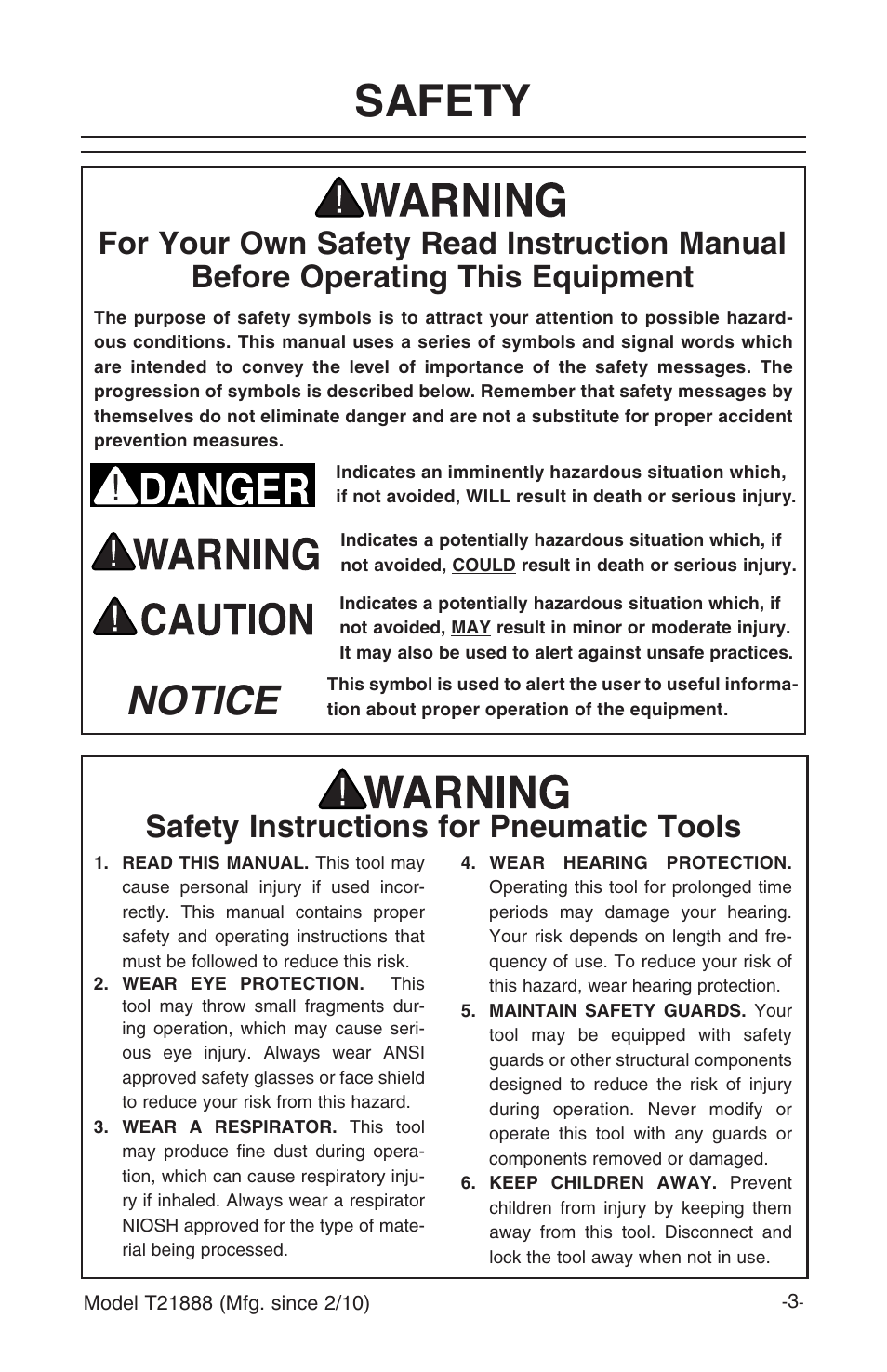 Safety, Notice, Safety instructions for pneumatic tools | Grizzly T21888 User Manual | Page 5 / 28