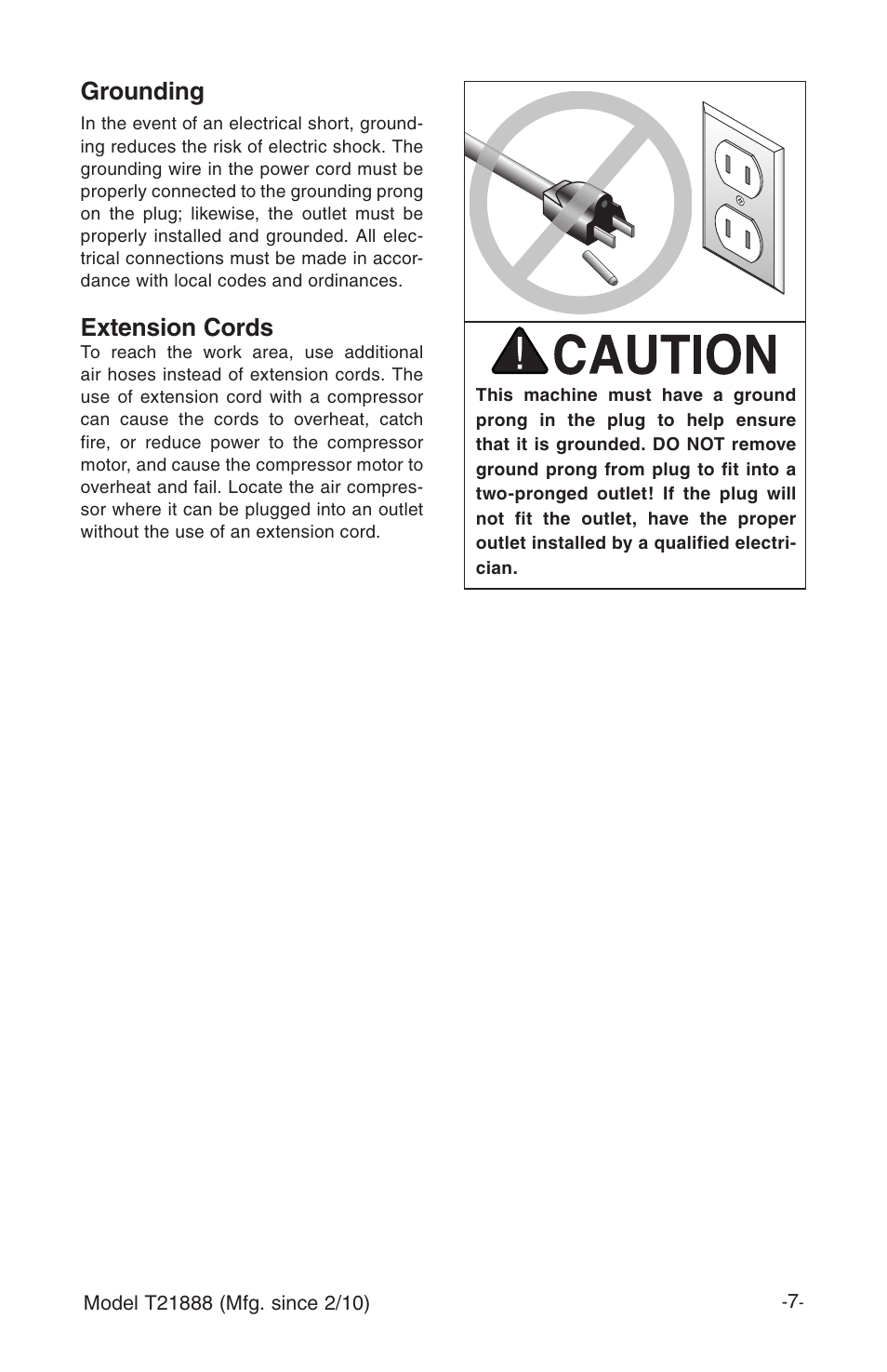Grounding, Extension cords | Grizzly T21888 User Manual | Page 9 / 28