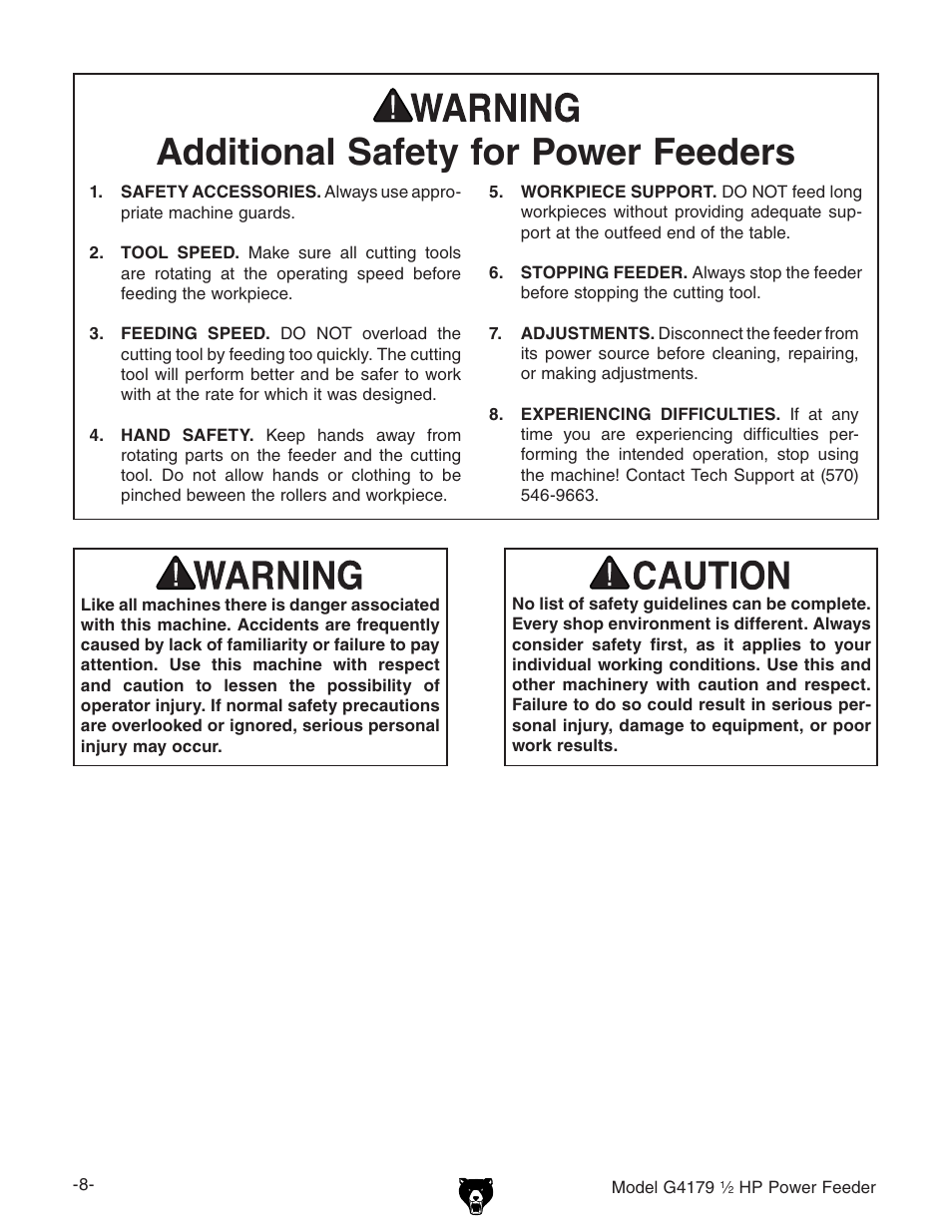 Additional safety for power feeders | Grizzly G4179 User Manual | Page 10 / 32