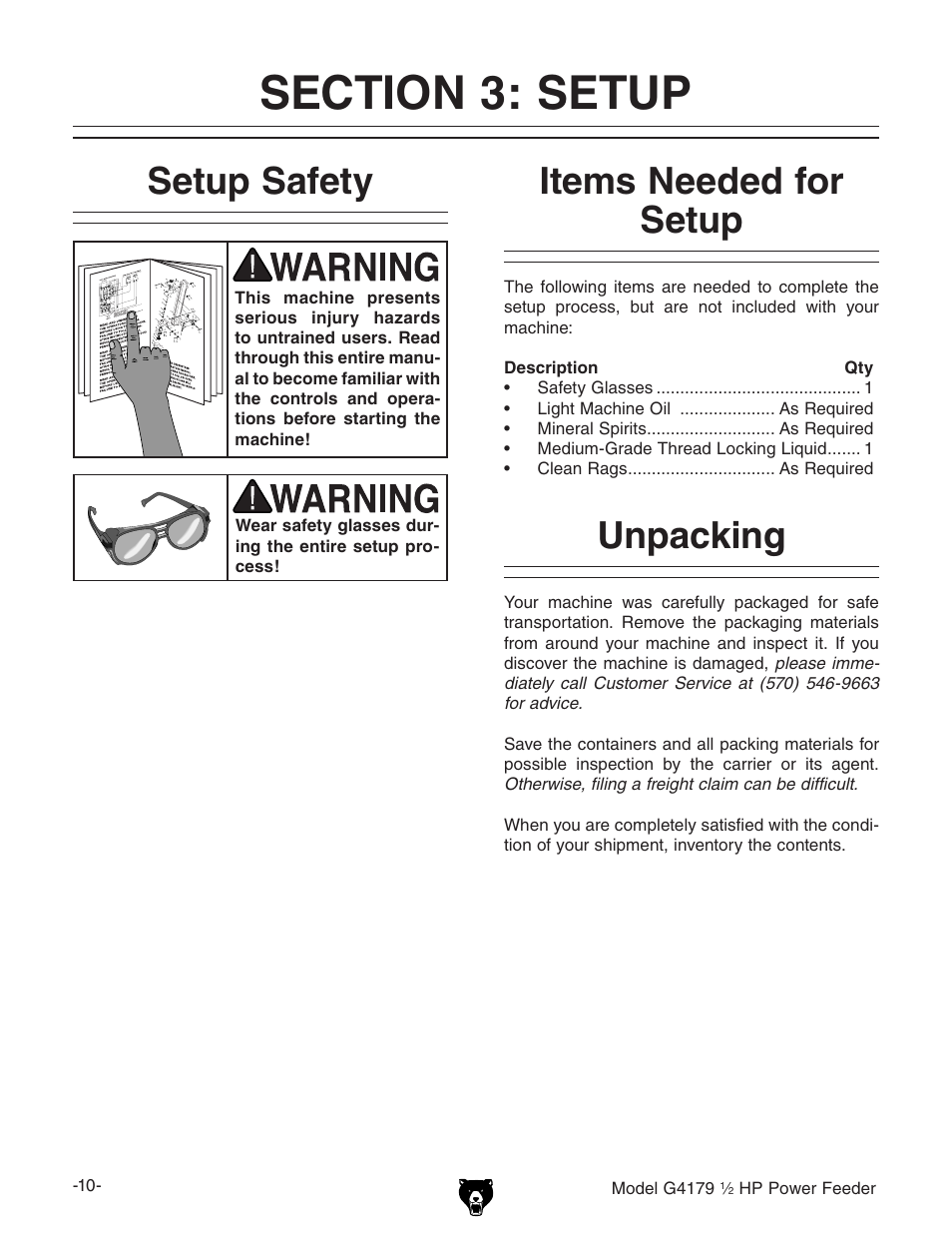 Setup safety, Items needed for setup, Unpacking | Grizzly G4179 User Manual | Page 12 / 32