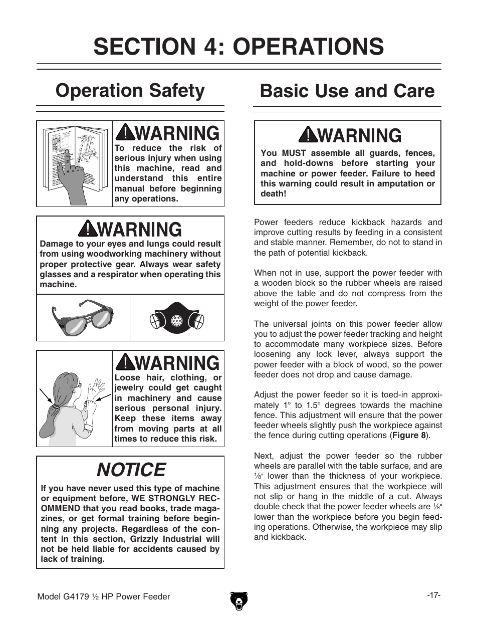 Operation safety, Notice, Basic use and care | Grizzly G4179 User Manual | Page 19 / 32