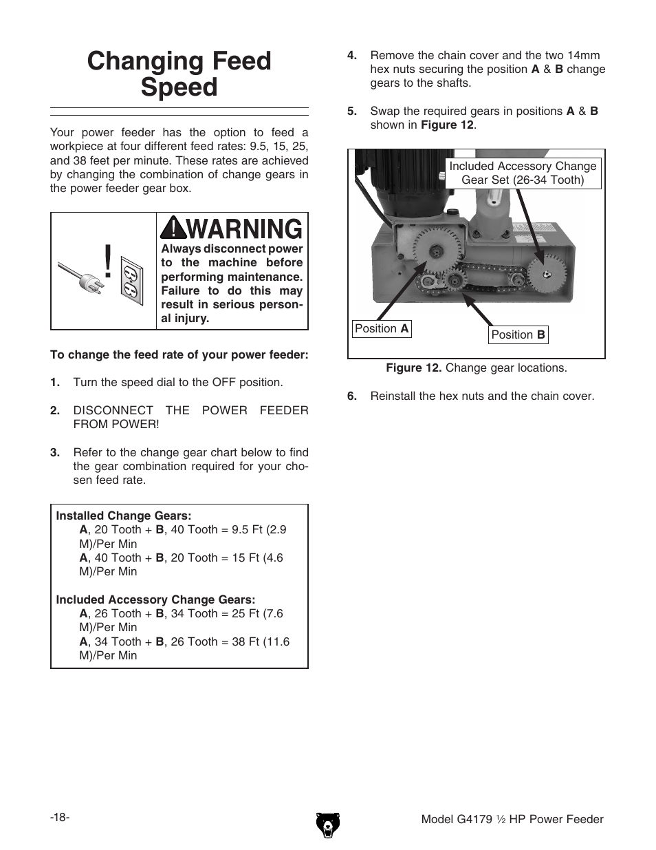 Changing feed speed | Grizzly G4179 User Manual | Page 20 / 32