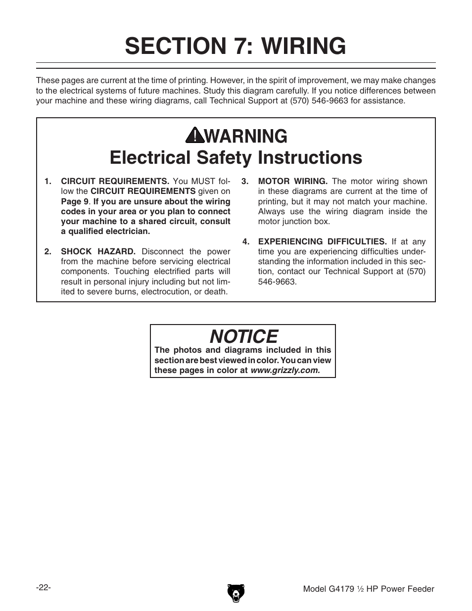 Electrical safety instructions, Notice | Grizzly G4179 User Manual | Page 24 / 32