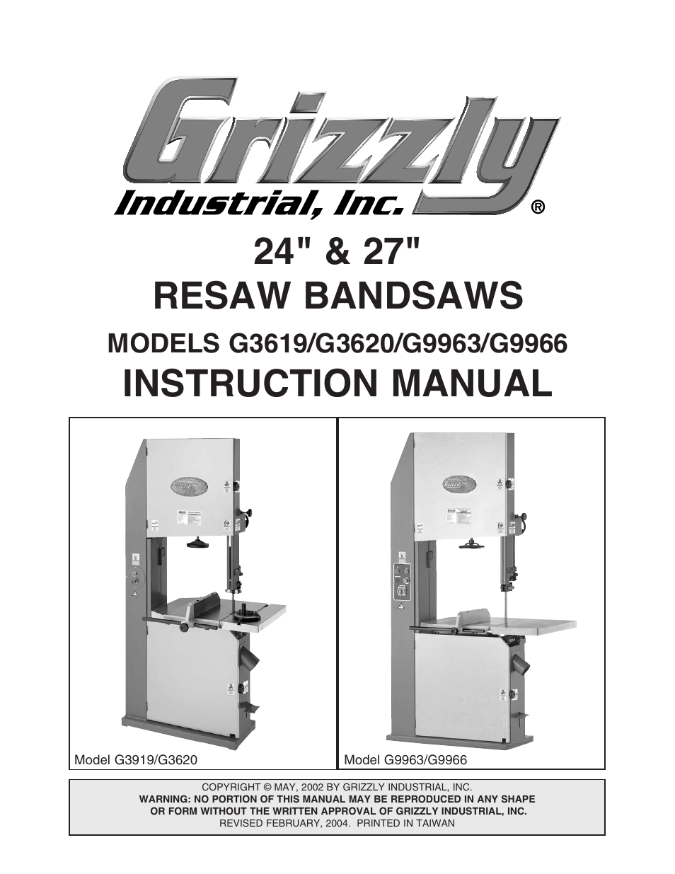 Grizzly 24" & 27" Resaw Bandsaws G9966 User Manual | 56 pages