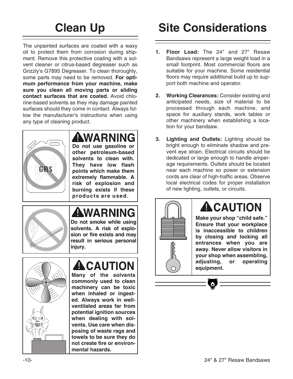 Site considerations, Clean up | Grizzly 24" & 27" Resaw Bandsaws G9966 User Manual | Page 12 / 56
