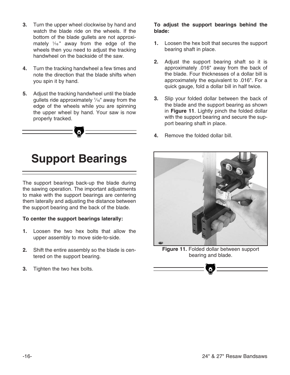 Support bearings | Grizzly 24" & 27" Resaw Bandsaws G9966 User Manual | Page 18 / 56