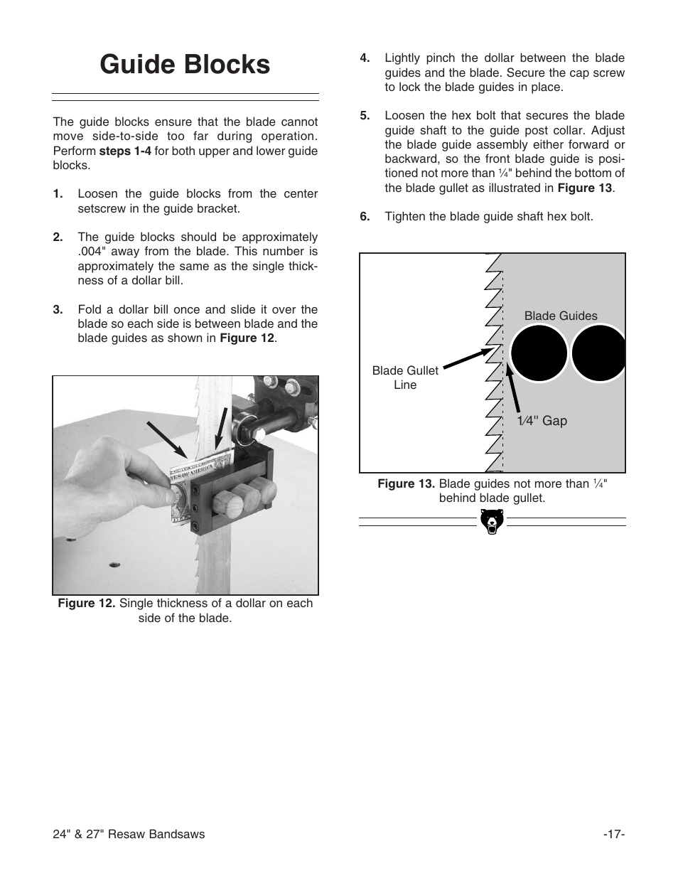 Guide blocks | Grizzly 24" & 27" Resaw Bandsaws G9966 User Manual | Page 19 / 56