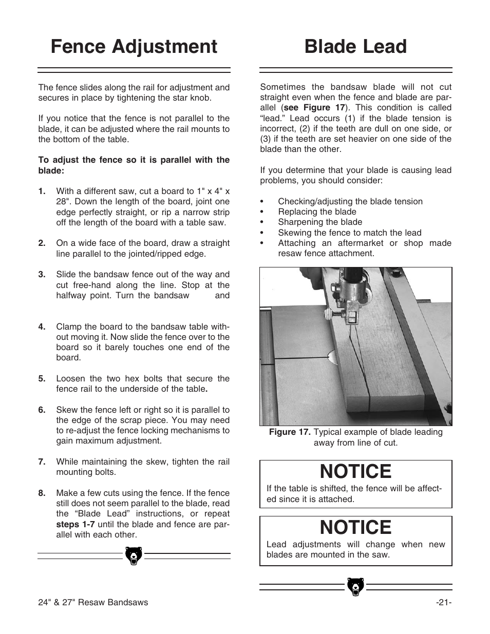 Notice, Blade lead, Fence adjustment | Grizzly 24" & 27" Resaw Bandsaws G9966 User Manual | Page 23 / 56