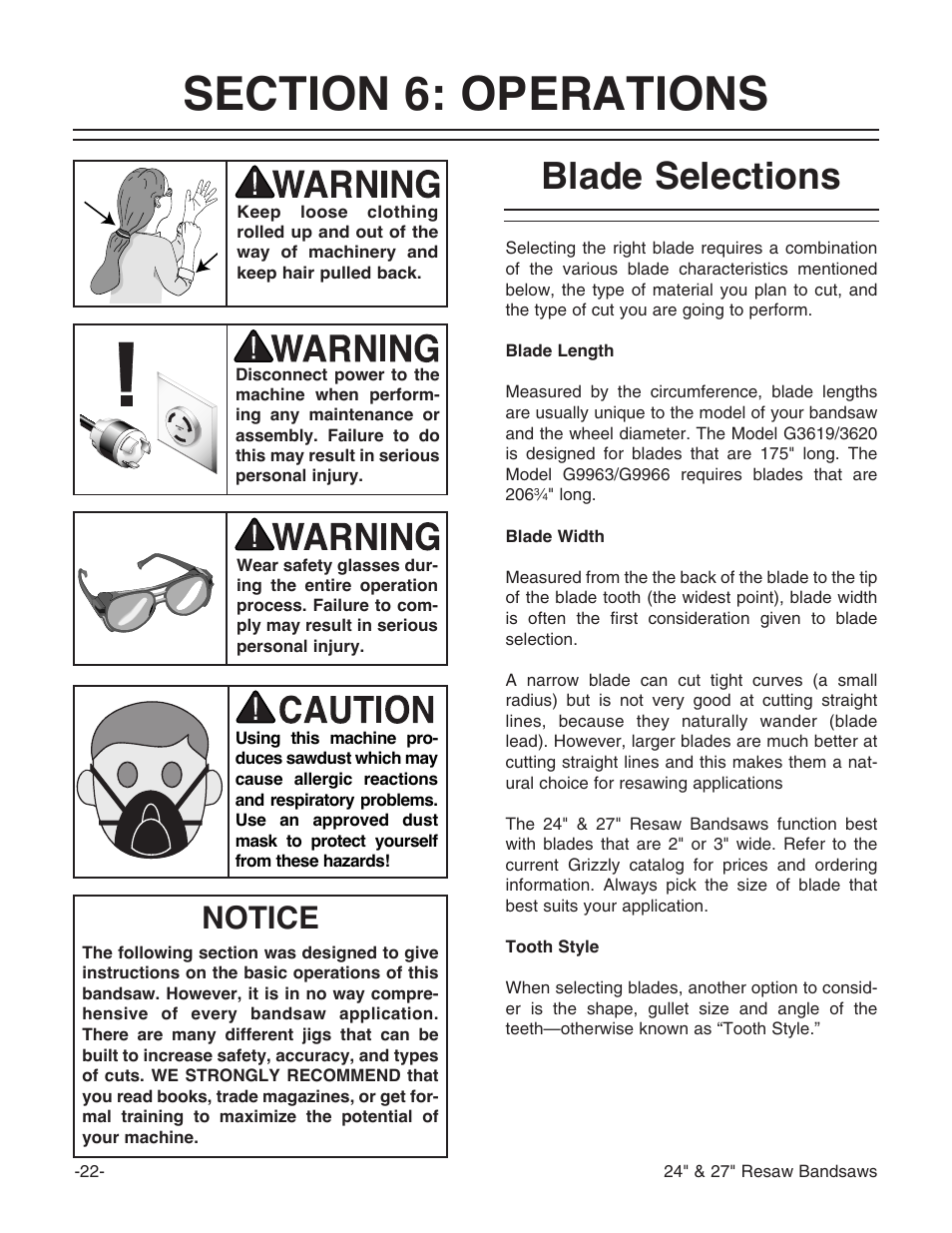 Blade selections, Notice | Grizzly 24" & 27" Resaw Bandsaws G9966 User Manual | Page 24 / 56