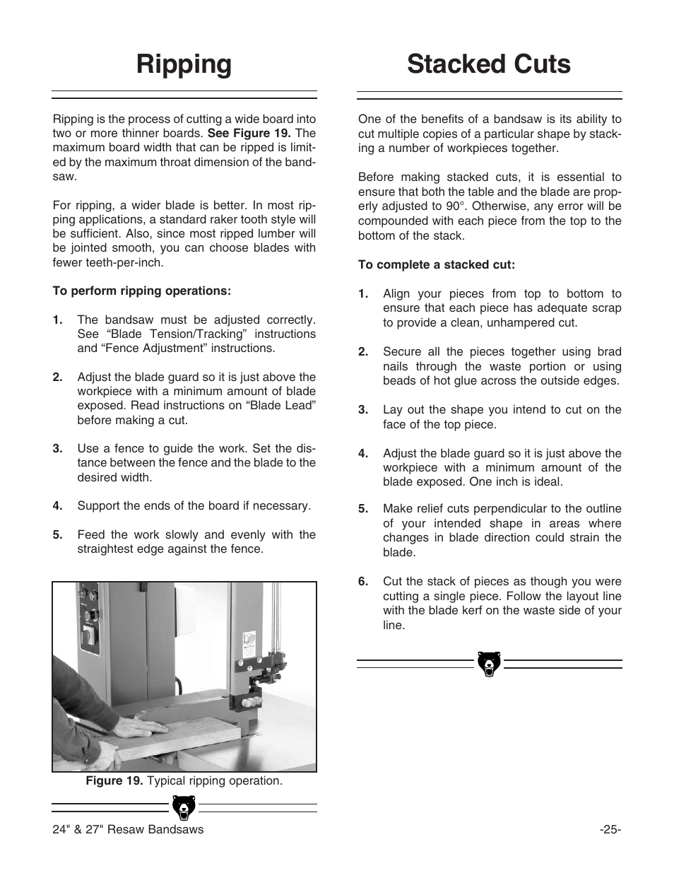 Ripping, Stacked cuts | Grizzly 24" & 27" Resaw Bandsaws G9966 User Manual | Page 27 / 56