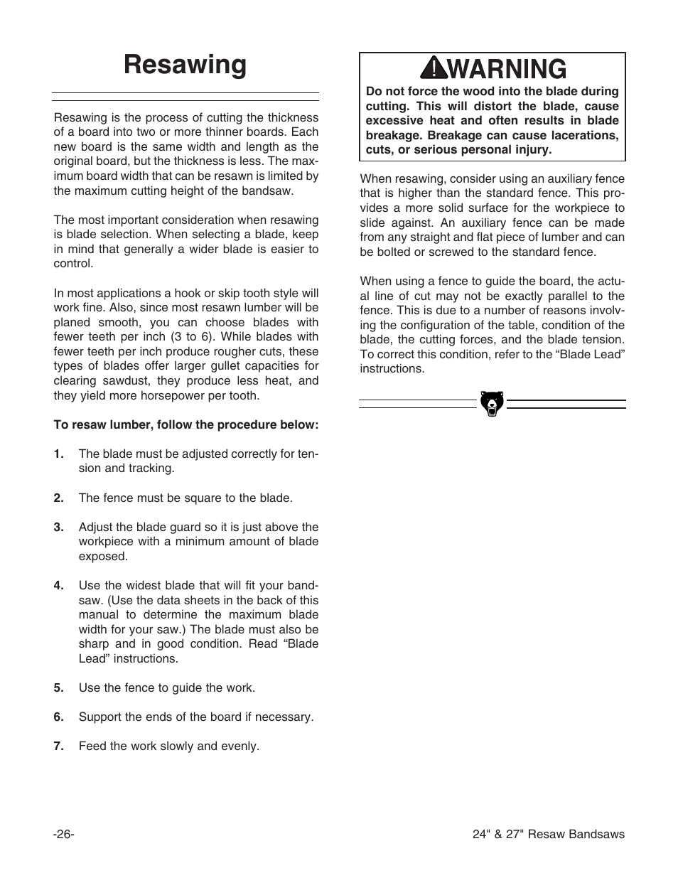 Resawing | Grizzly 24" & 27" Resaw Bandsaws G9966 User Manual | Page 28 / 56