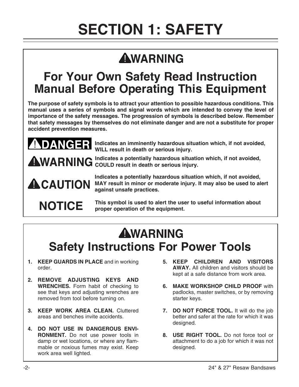 Safety instructions for power tools, Notice | Grizzly 24" & 27" Resaw Bandsaws G9966 User Manual | Page 4 / 56