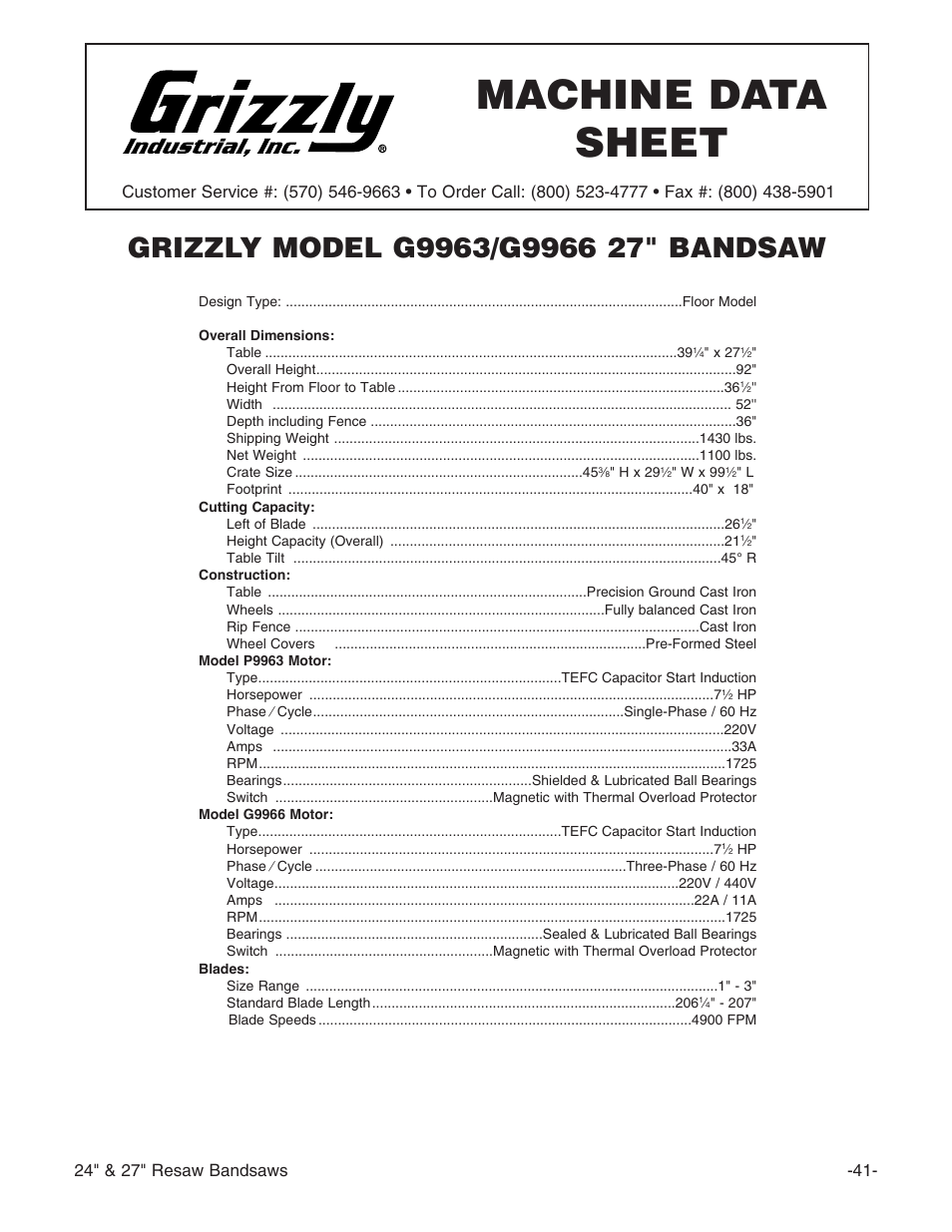 Machine data sheet | Grizzly 24" & 27" Resaw Bandsaws G9966 User Manual | Page 43 / 56