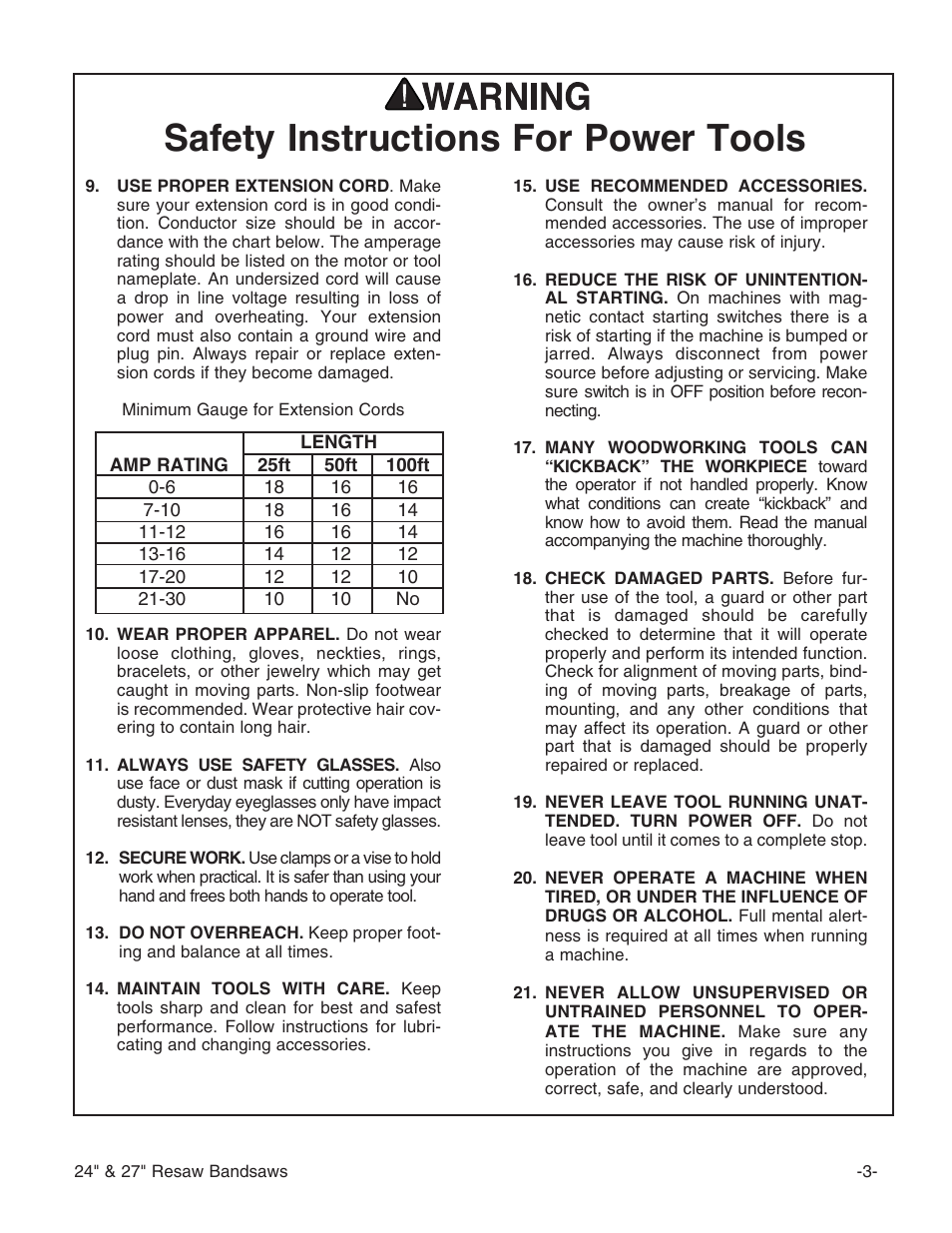 Safety instructions for power tools | Grizzly 24" & 27" Resaw Bandsaws G9966 User Manual | Page 5 / 56