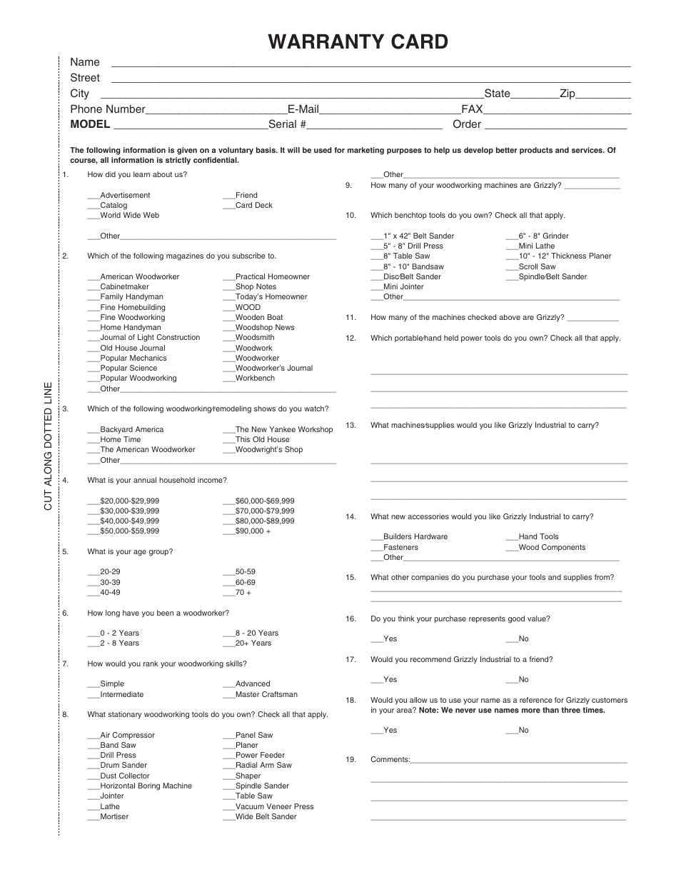 Warranty card, Cut along dotted line | Grizzly 24" & 27" Resaw Bandsaws G9966 User Manual | Page 53 / 56