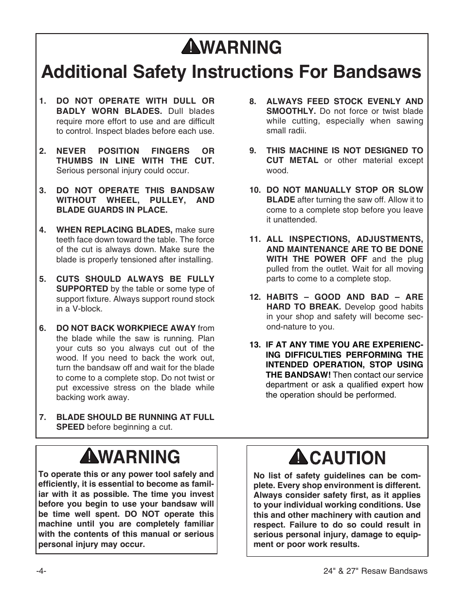 Additional safety instructions for bandsaws | Grizzly 24" & 27" Resaw Bandsaws G9966 User Manual | Page 6 / 56