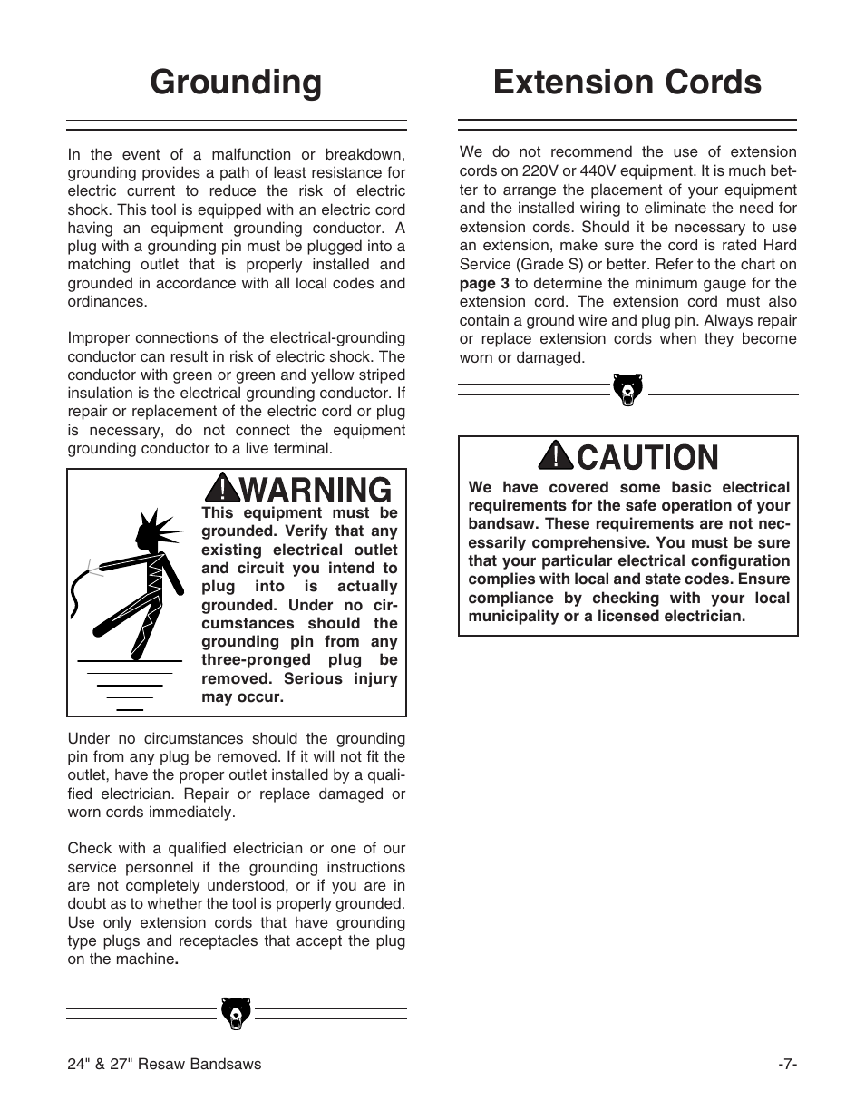 Grounding, Extension cords | Grizzly 24" & 27" Resaw Bandsaws G9966 User Manual | Page 9 / 56