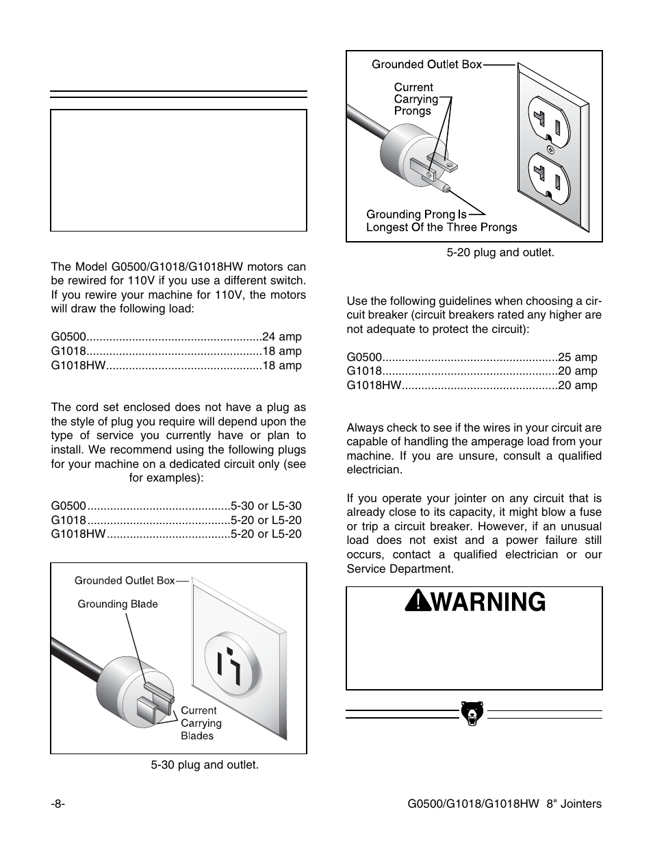 110v operation, Notice | Grizzly G1018 User Manual | Page 10 / 71
