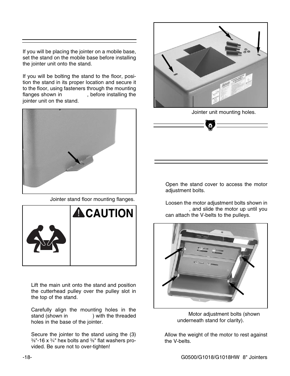 Jointer to stand, V-belt | Grizzly G1018 User Manual | Page 20 / 71