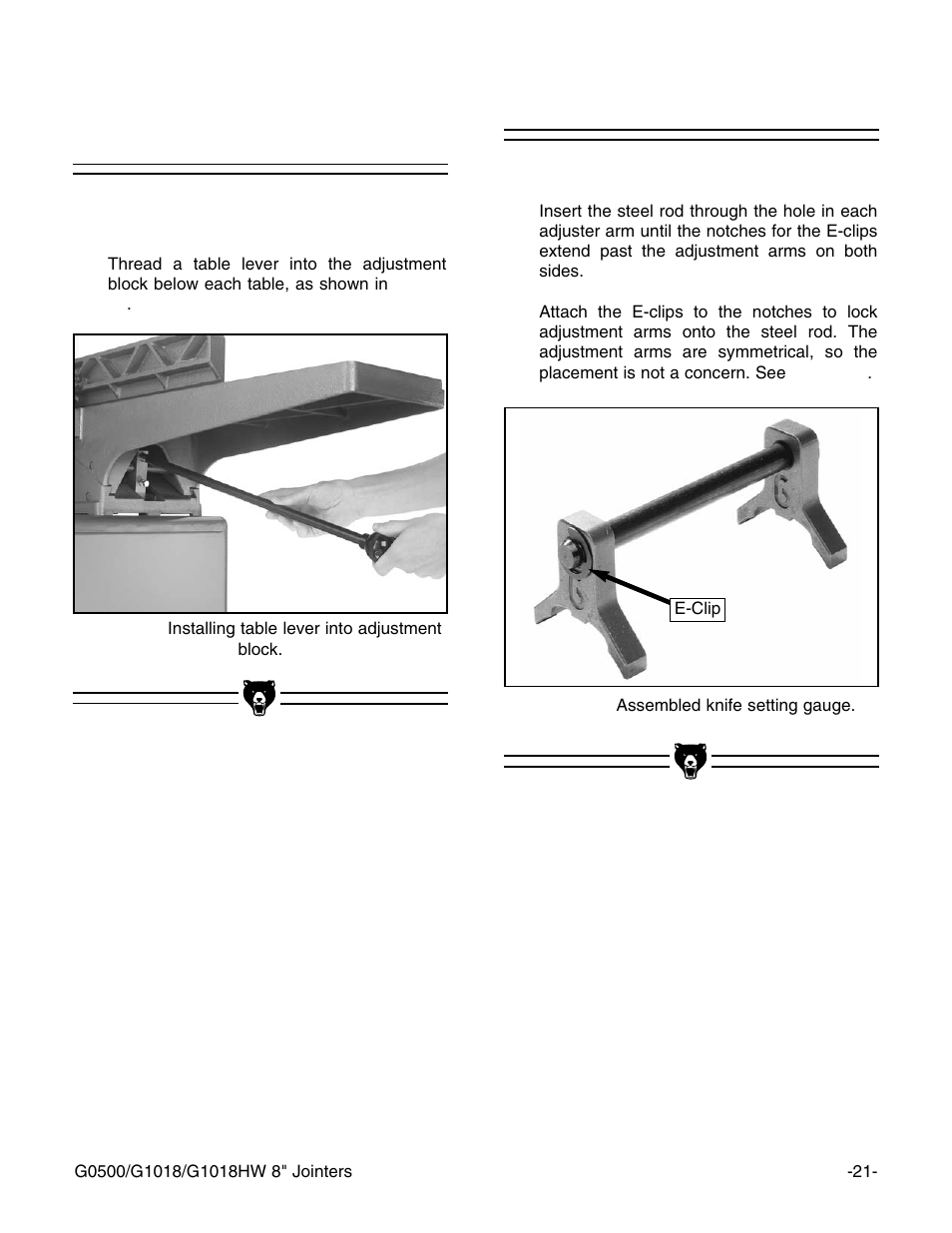 Knife setting gauge, G1018 table lever installation | Grizzly G1018 User Manual | Page 23 / 71