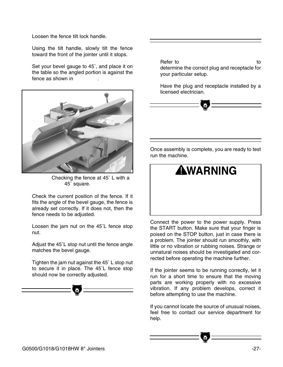 Test run, Plug installation | Grizzly G1018 User Manual | Page 29 / 71
