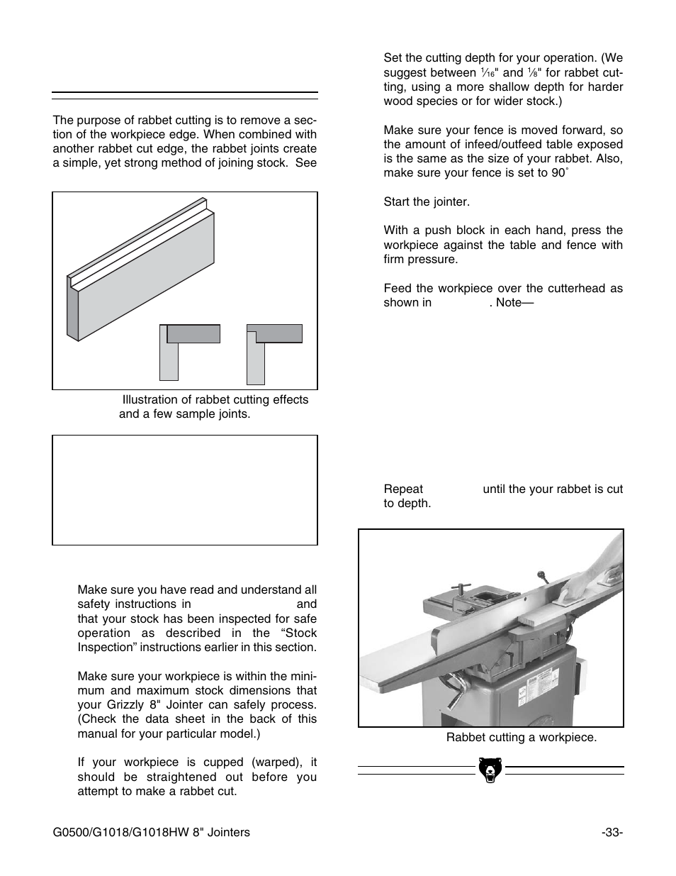 Rabbet cutting, Notice | Grizzly G1018 User Manual | Page 35 / 71