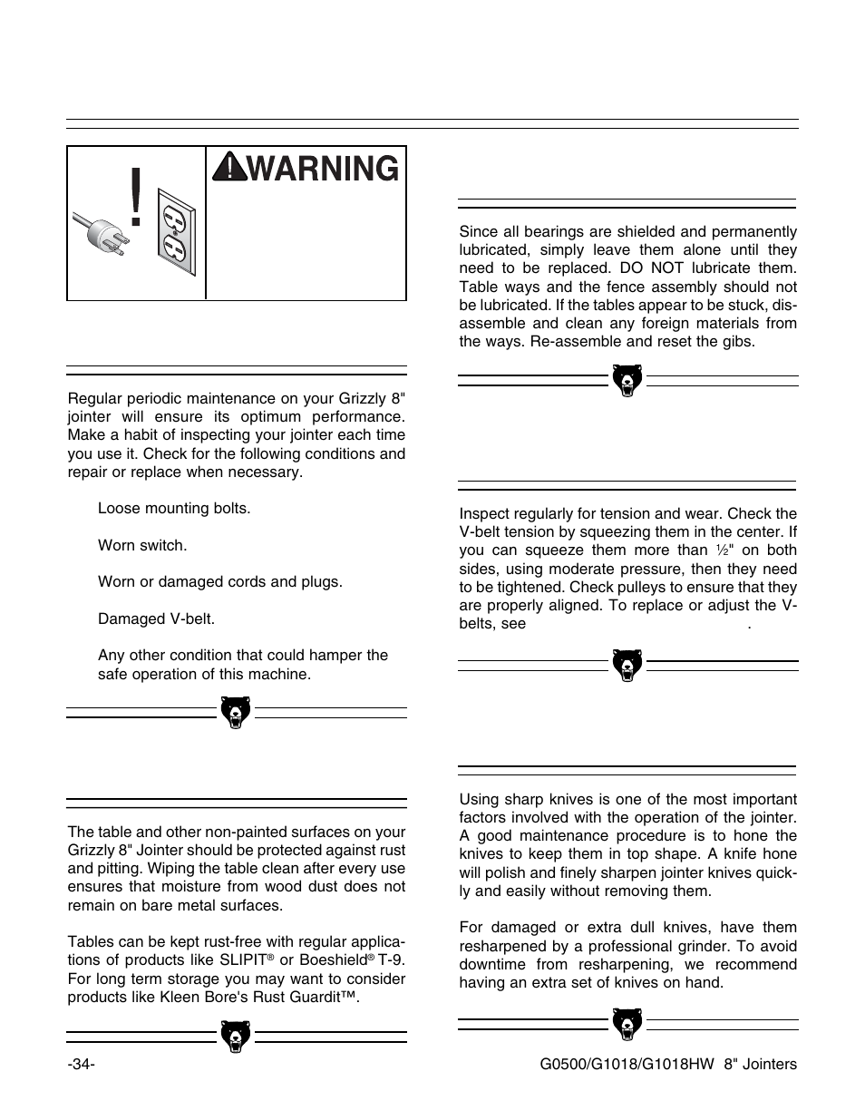 General lubrication, V-belt, Knife condition | Table | Grizzly G1018 User Manual | Page 36 / 71