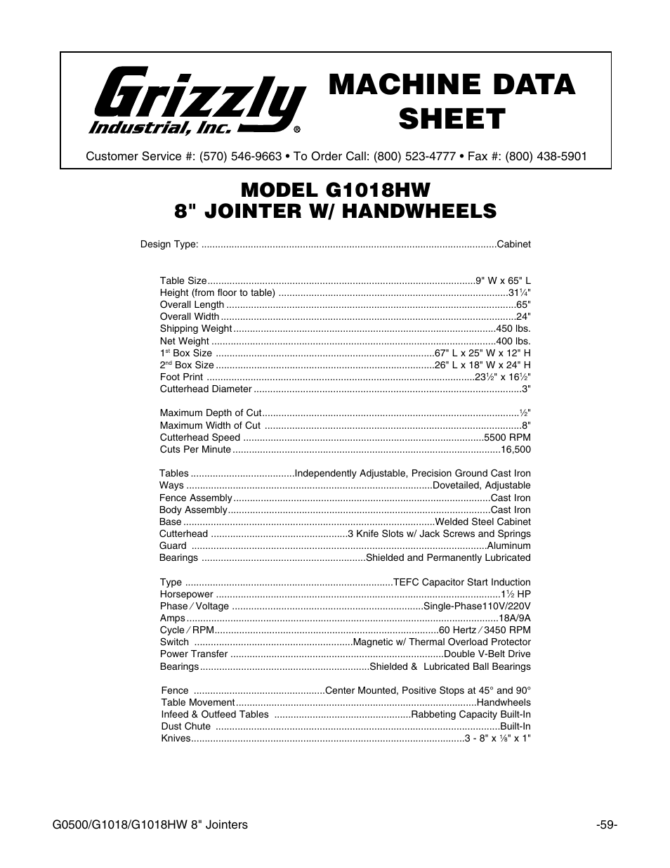 Machine data sheet | Grizzly G1018 User Manual | Page 61 / 71