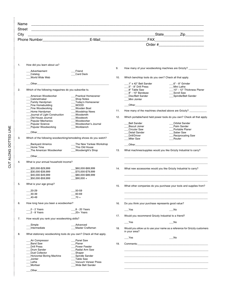 Warranty card, Cut along dotted line | Grizzly G1018 User Manual | Page 69 / 71