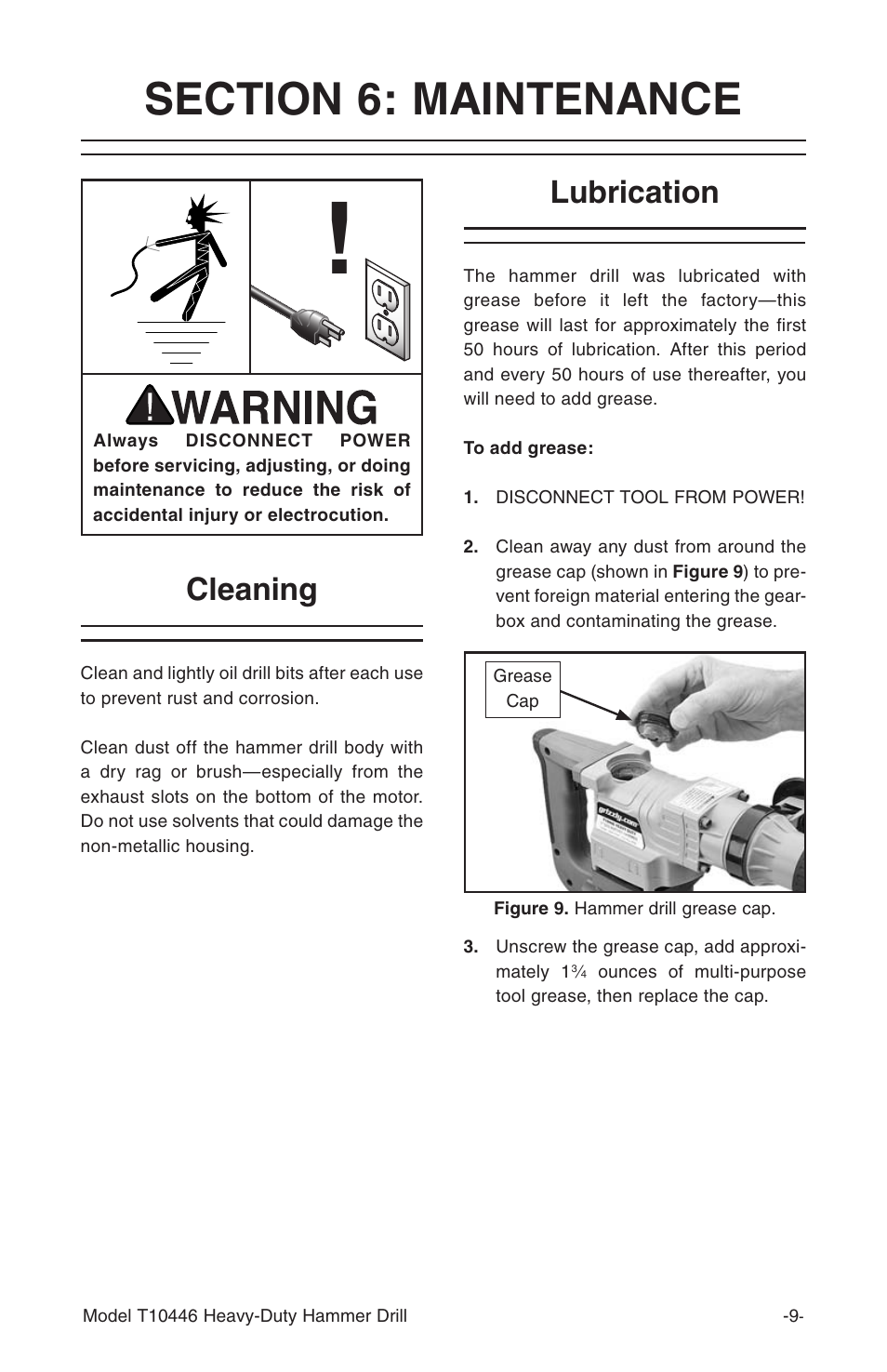 Cleaning, Lubrication | Grizzly T10446 User Manual | Page 11 / 16