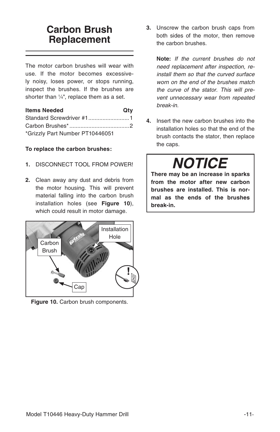 Carbon brush replacement | Grizzly T10446 User Manual | Page 13 / 16