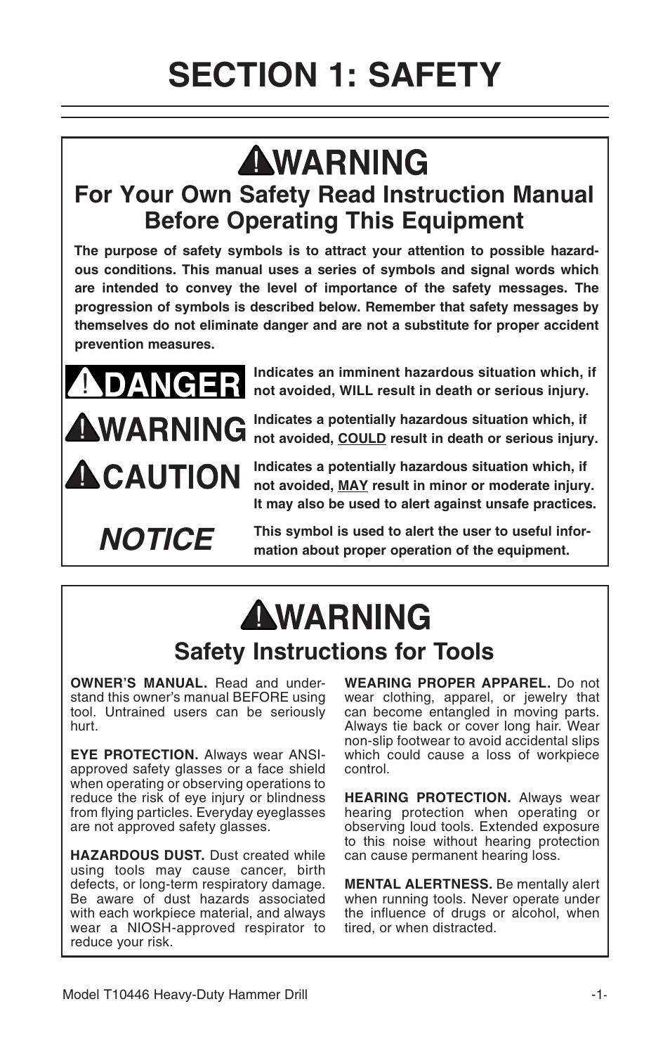 Notice, Safety instructions for tools | Grizzly T10446 User Manual | Page 3 / 16