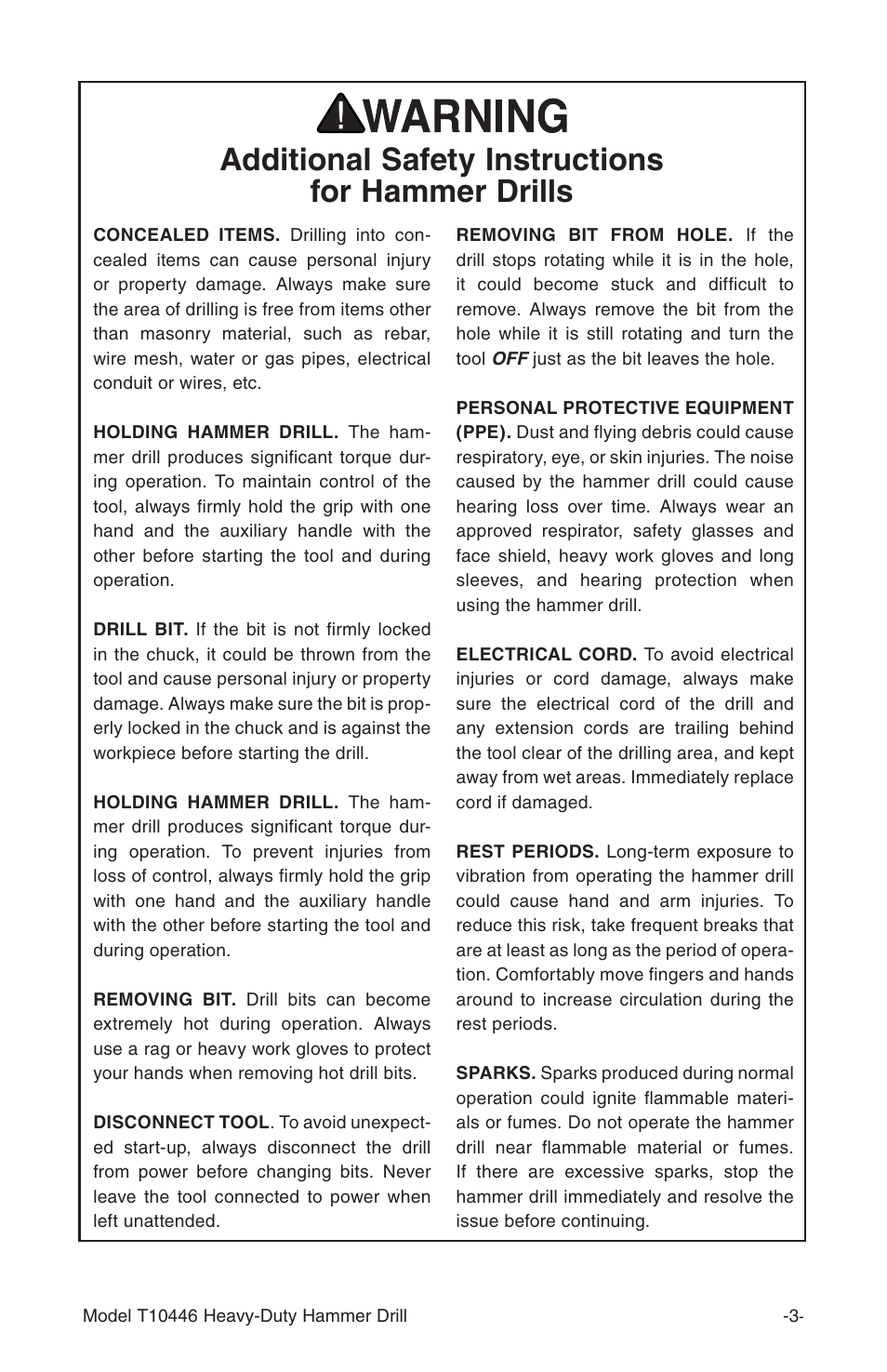 Additional safety instructions for hammer drills | Grizzly T10446 User Manual | Page 5 / 16