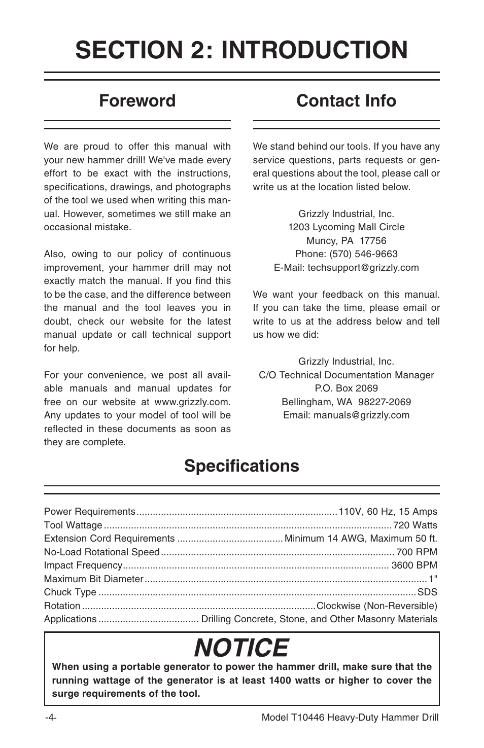 Foreword, Specifications contact info | Grizzly T10446 User Manual | Page 6 / 16