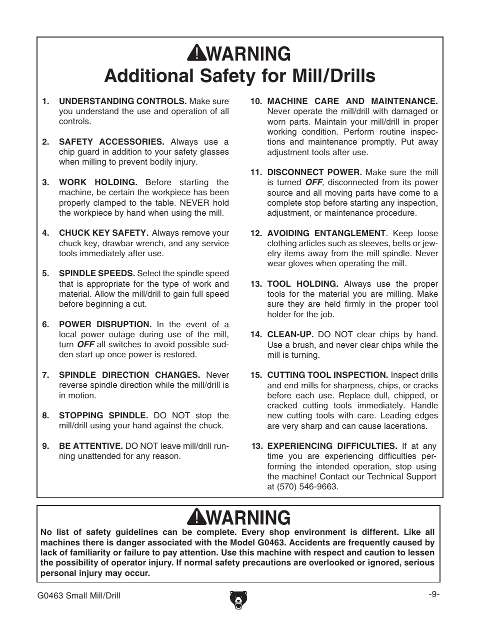 Additional safety for mill/drills | Grizzly G0463 User Manual | Page 11 / 40