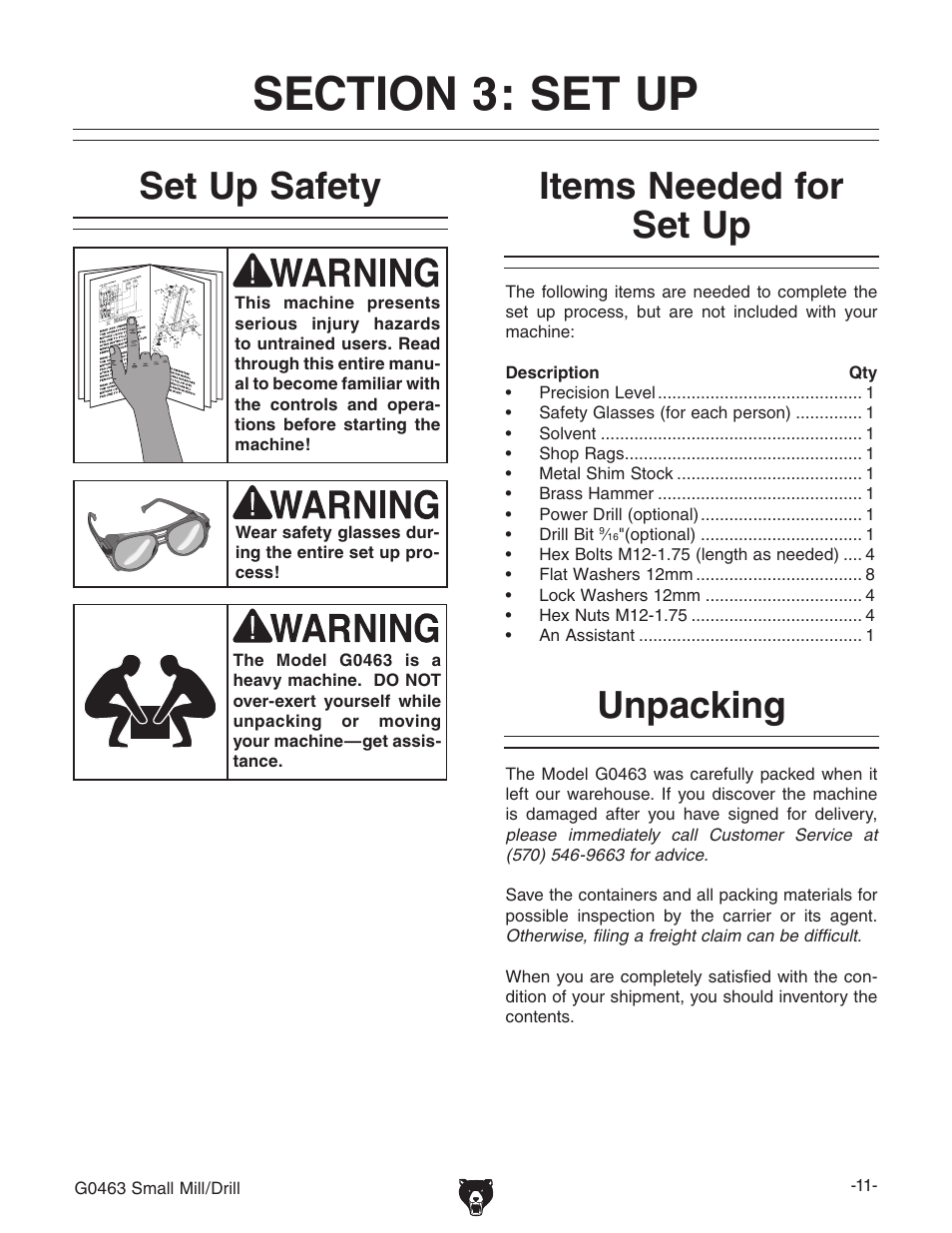 Unpacking set up safety, Items needed for set up | Grizzly G0463 User Manual | Page 13 / 40